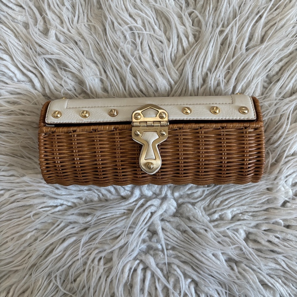 Michael Kors Wicker Minaudière Santorini White Leather Gold Studded Straw Clutch